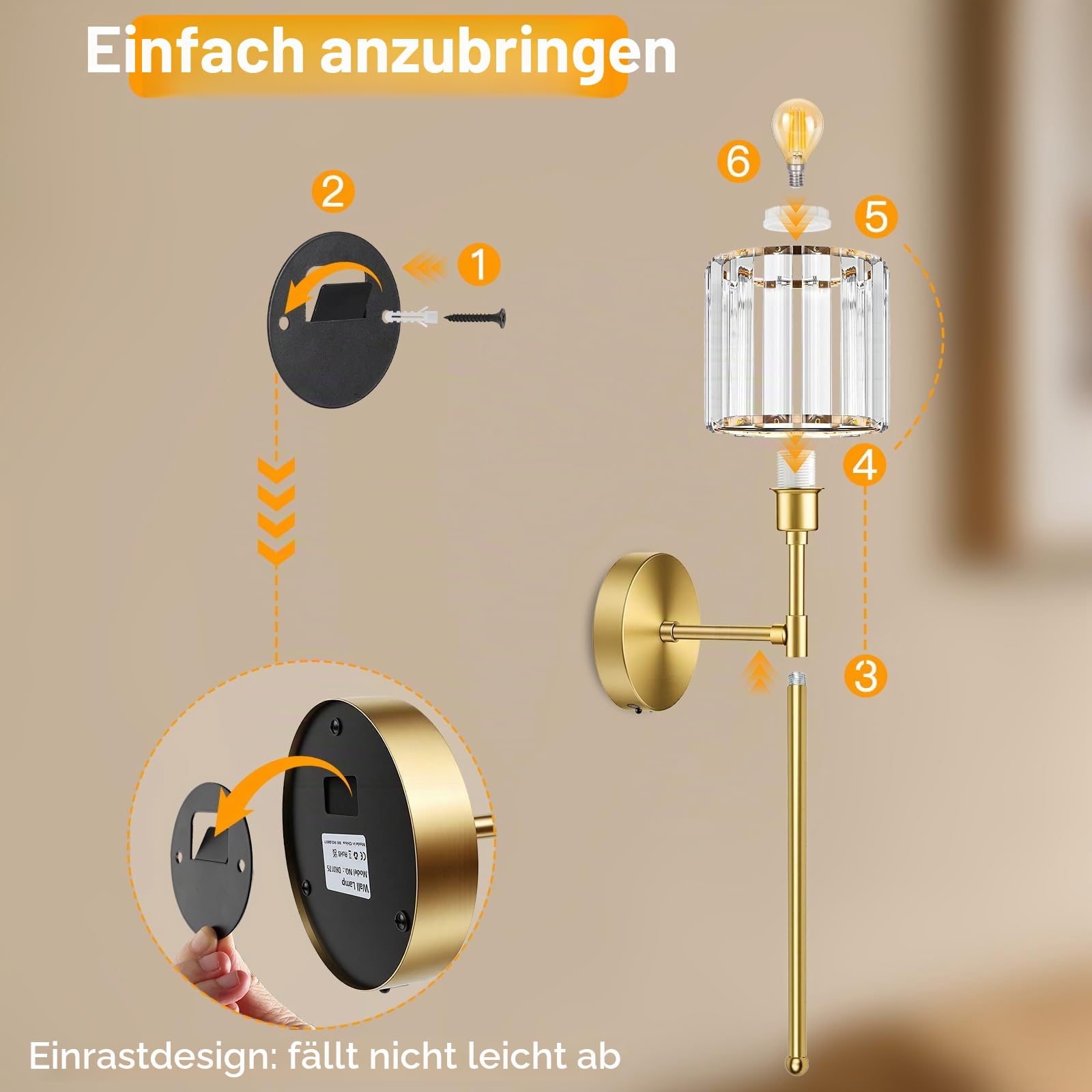 LED Wandleuchte Innen Akku 2 Stück - Kristall Wandlampe Innen Dimmbare 3 Farbtemperatur - 45CM Gold Wandlampe mit Schalter und Fernbedienung für Wohnzimmer Schlafzimmer Treppenhaus TV Wand
