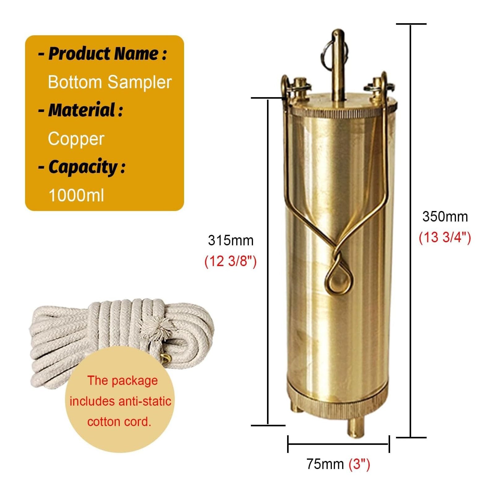 Campionatore di campionamento dell'olio - Tazza di raccolta in rame da 1000 ml per serbatoi di carburante con corda da 15 m - Collettore di campioni liquidi per test e analisi accurati