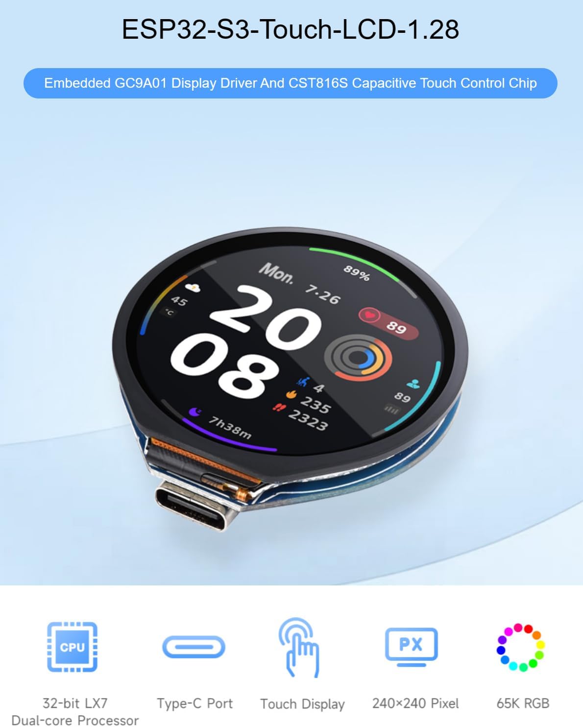 TUOPUONE ESP32-S3 Development Board with 1.28inch Round Touch LCD Accelerometer and Gyroscope Sensor Round Display Without CNC Metal Case
