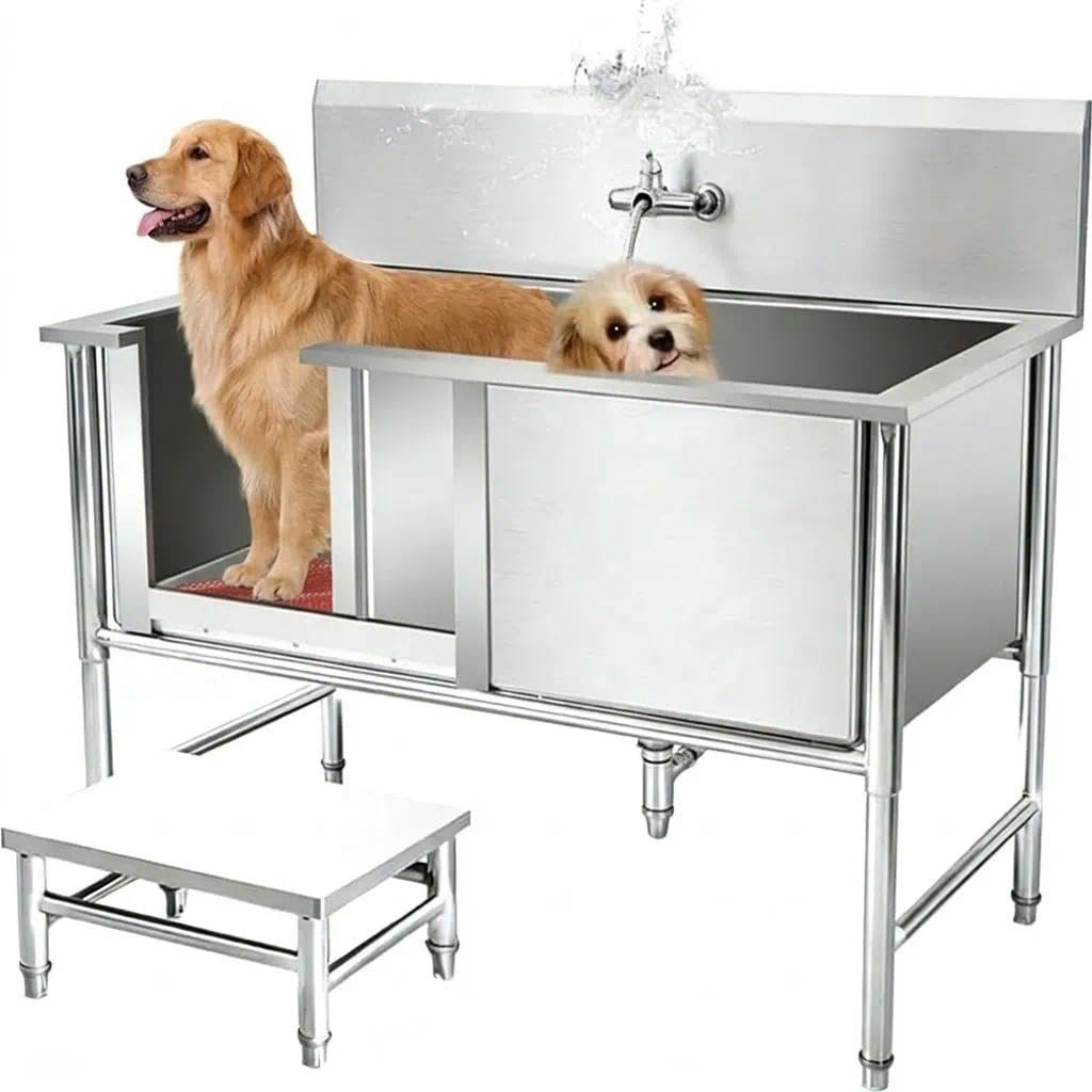 Genérico BañEra Perros Acero Inoxidable, EstacióN De Lavado para Mascotas con Grifo Y Ducha, Fregadero De PeluqueríA Canina Profesional con Filtro Y Puerta Izquierda, Plata(120 * 70 * 90cm)