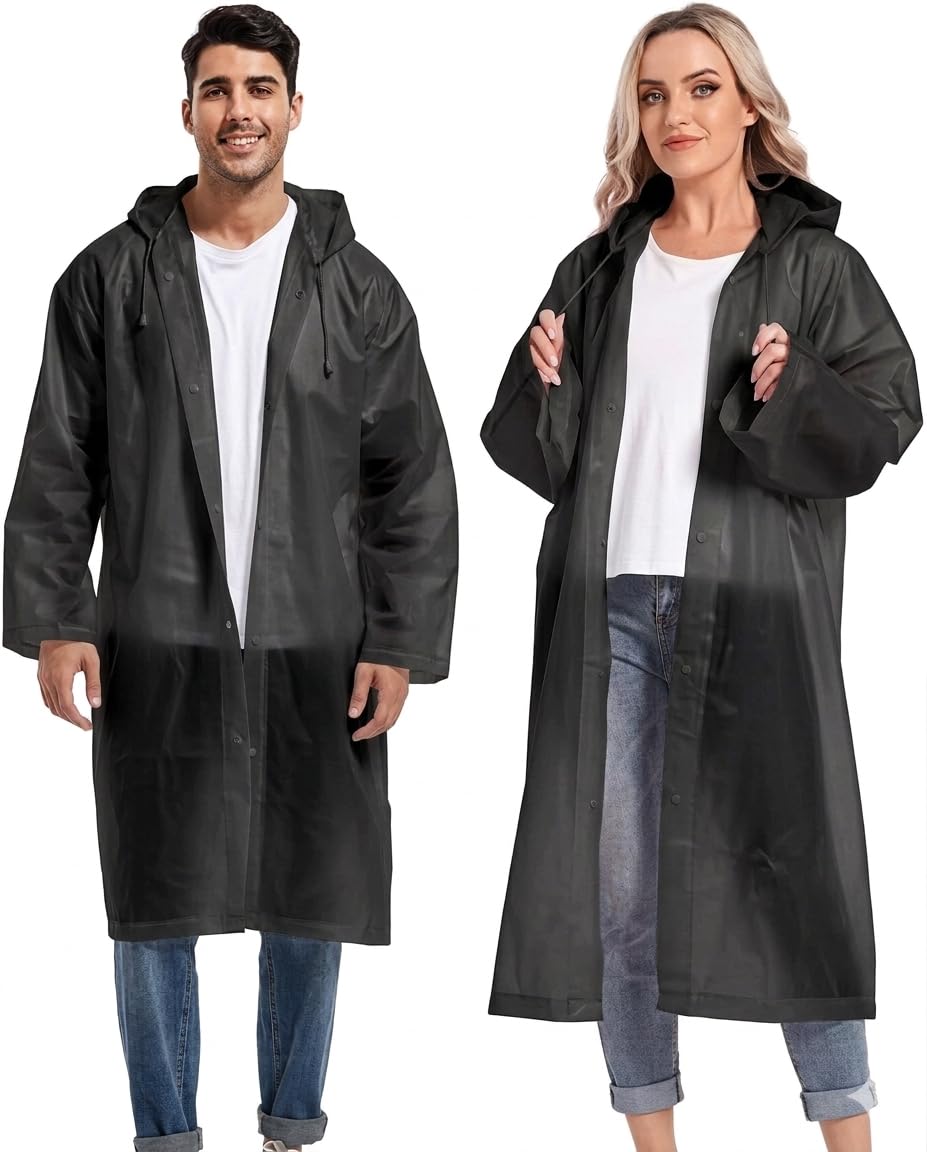 Unisex Waterproof Rain Coat with Hood, Black, Full Length, Reusable, Windproof, Front Button Closure, for Men and Women-image-32