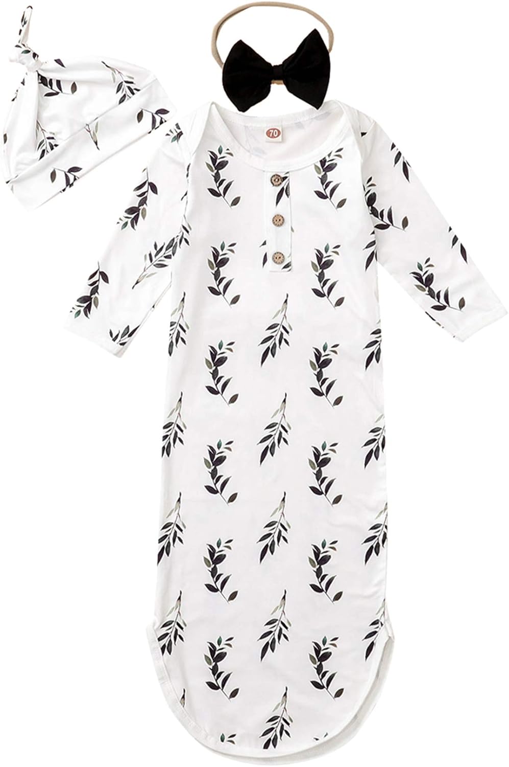 Infant Baby Girl Boy Cotton Sleeper Gown Knotted Pajamas Newborn Sleepwear Sleeping Bag with Headband&Hat (0-6Months, Leaves)