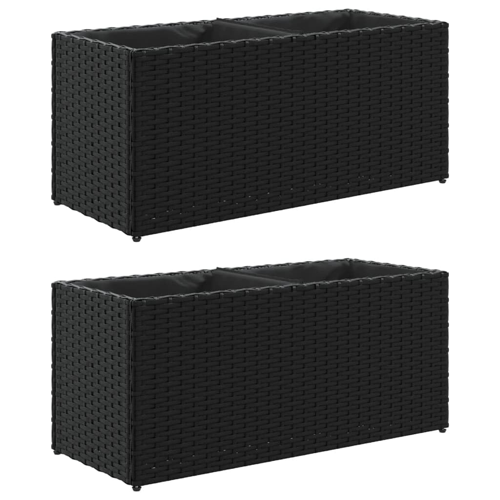 Donice ogrodowe z 2 wkładami 2 szt czarne 72x30x32 cm polirattan stalowa rama dekoracyjne do kwiatów taras balkon