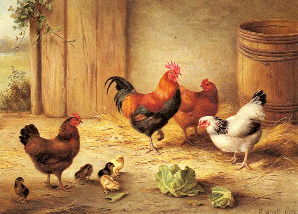 Peinture à l'huile coq et poulets basse-cour tableau Edgar Hunt - 5