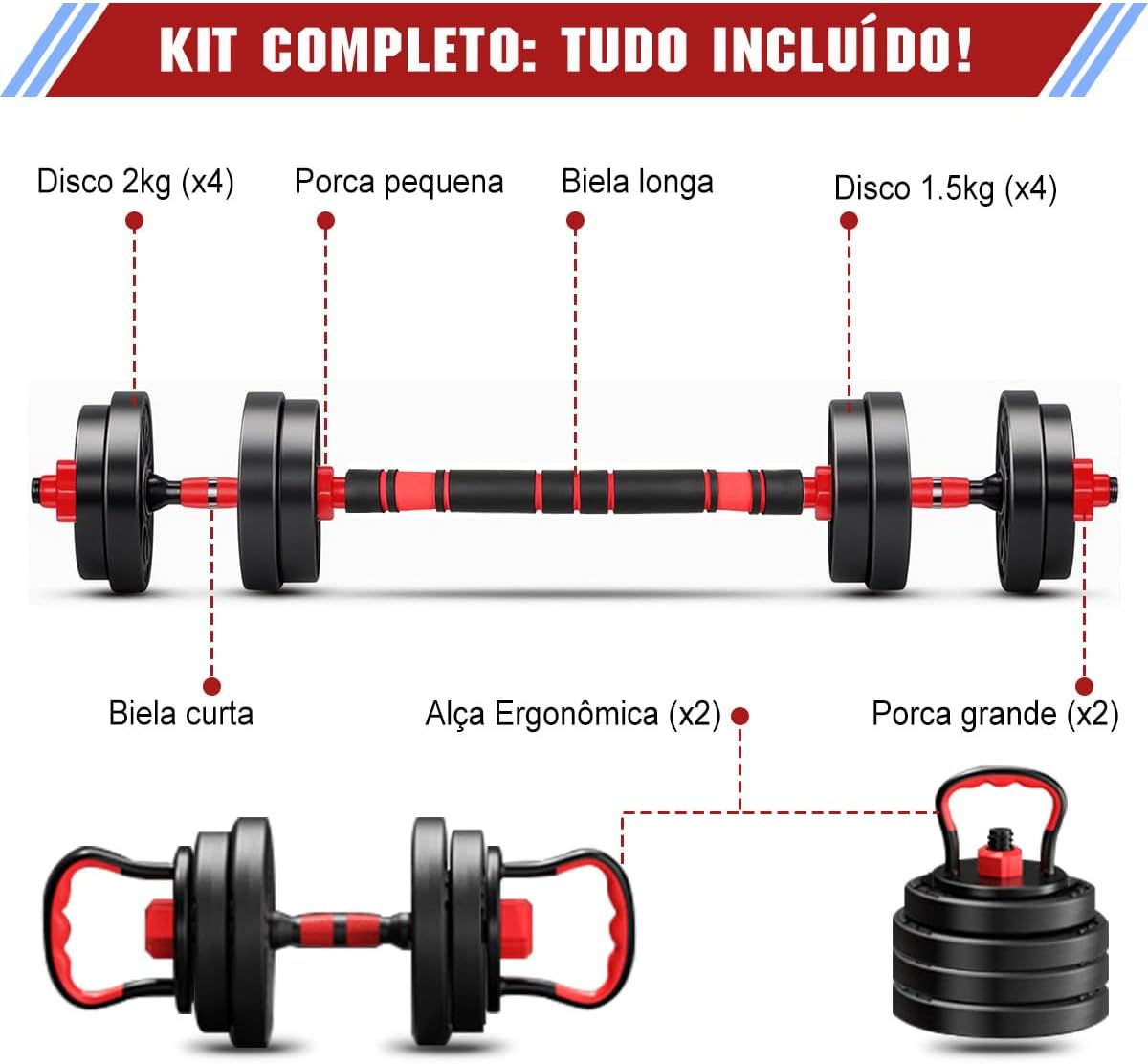 Kit Haltere 6 em 1 Ajustável para Musculação - 15kg Preto - Multifuncional com Barra e Kettlebell
