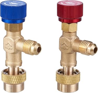 Elitech HVAC Refrigerant Charging Safety Valve Kit - 0.25-Inch to 5/16" for R32/R410A & 1/4" SAE Standard Valves for R134a/R22 - Brass Low Loss Fittings for AC Manifold