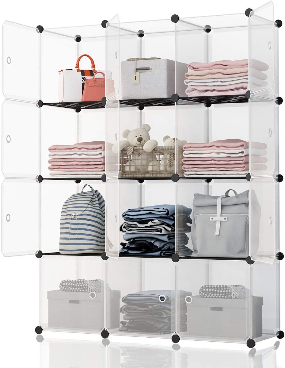 Koossy Portable Storage Shelf Cube Shelving Bookcase Bookshelf Cubby Organizing Closet Toy Organizer Cabinet, Transparent White, 12 Cubes Storage