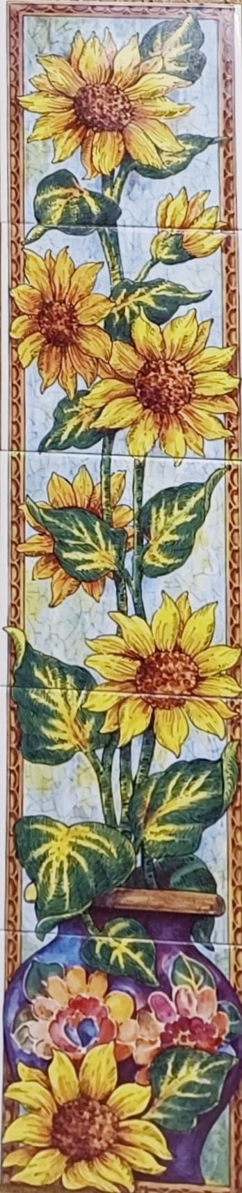 Słoneczniki, płytki ceramiczne, mural kwiatowy, 75 cm x 15 cm, 5 płytek 15 cm, kominek, płytki rozbryzgowe, ręcznie zdobione w Wielkiej Brytanii