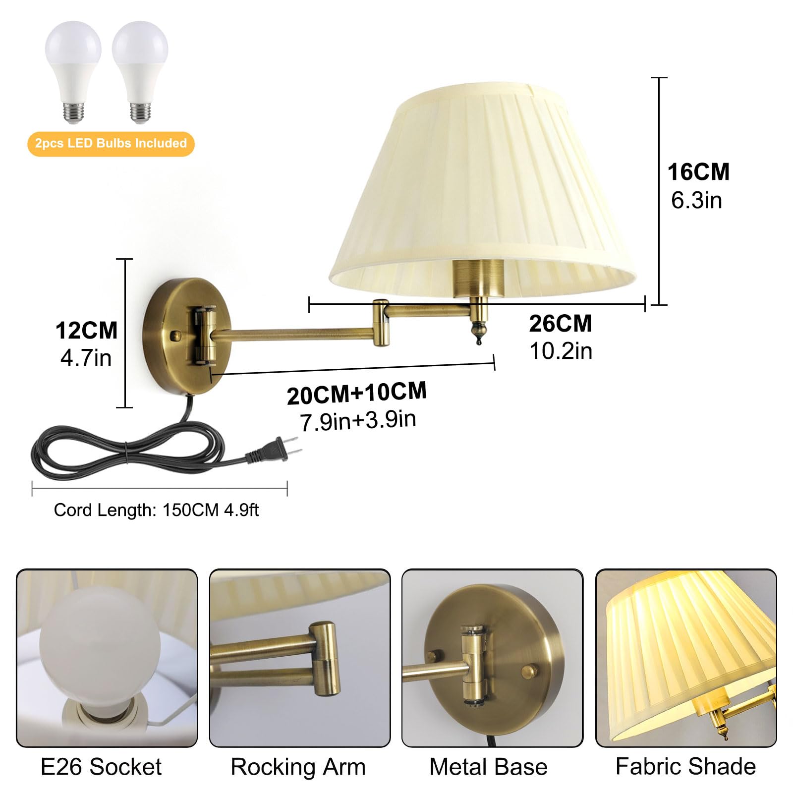 Swing Arm Brass Wall Sconce – Hardwired Bedside Light With Beige Fabric Shade, Adjustable, For Bedroom, Hallway, Study
