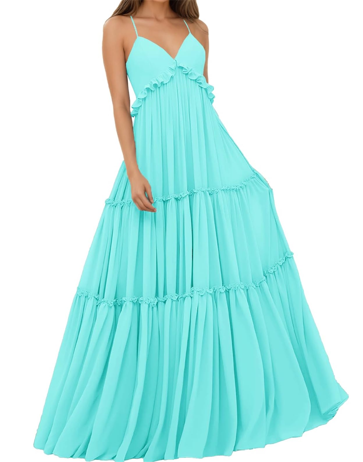 Principessa Damigella D'Onore Abito Da Spaghetti Cinghie Prom Abiti Da Sera A Livelli Chiffon Formale Partito Maxi Abito ZMKI807
