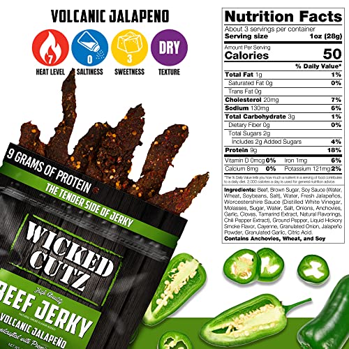 Image of Wicked Cutz Volcanic Jalapeno Spicy Beef Jerky, 27g Protein Per Serving, Tender & Easy to Chew Alternative to Beef Sticks, USA Made High Protein Carnivore Snacks (2 Bags)