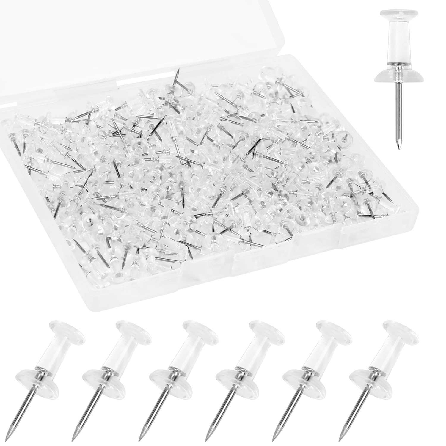 200 PCS Standard Clear Thumb Tacks Steel Sharp Point and Clear Plastic Head Push Pins for Bulletin Board, Fabric Marking, Crafts and Office