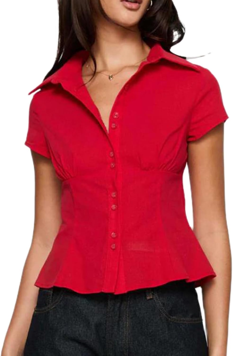 Women Y2k Short Sleeve Button Up Shirt Lapel Collar V Neck Plaid Open Front Blouse Basic Casual Going Out T-Shirt