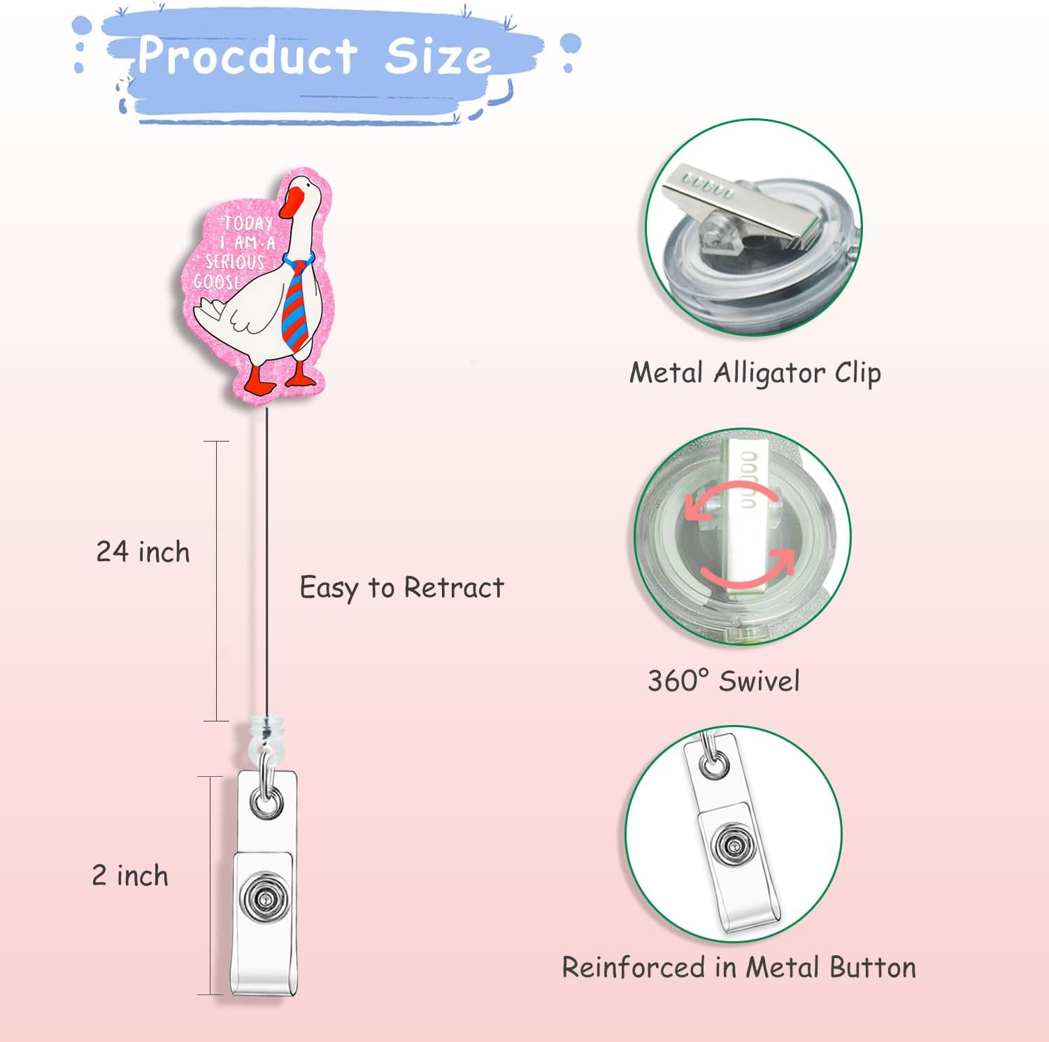 Today I Am A Serious Goose Pink Badge Reel - Funny Silly Goose Nurse Badge Reel Retractable with 360° Swivel Alligator Clip - Cute Pediatric ID Holder for Nursing Student Teacher RN CNA Valentine Gift image 3