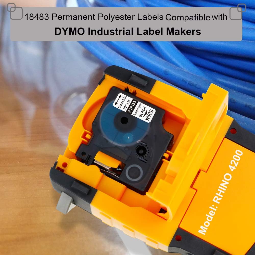 Permanent Polyester Labels 1/2" Black Print on White Tape Replacement for Dymo Rhino 18483 Industrial Label Tape 12mm Compatible with Dymo Rhino 4200 5200 5000 6000 Label Maker