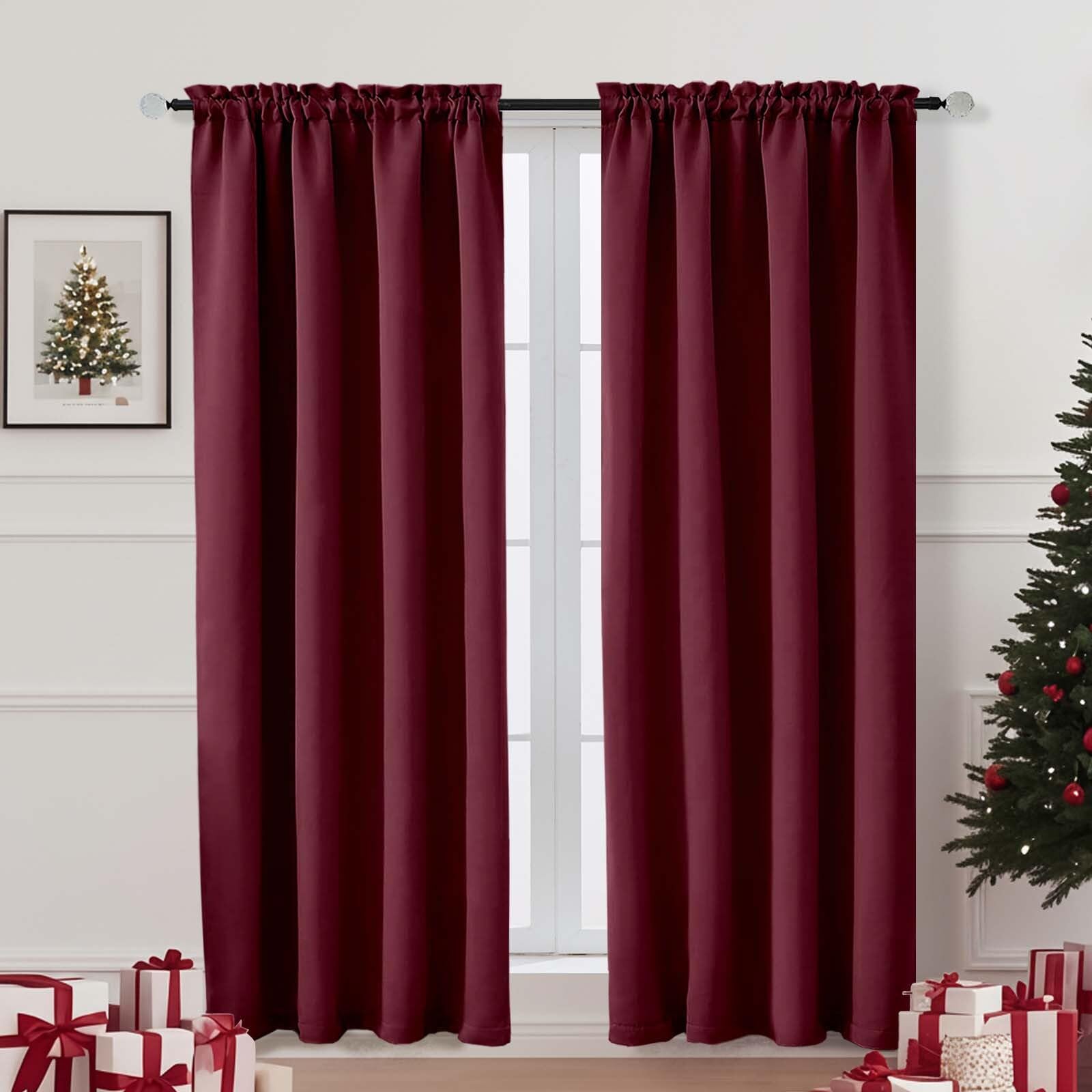 OVZME Christmas Burgundy Blackout Curtains for Bedroom 72 Inch Length 2 Panels Set, Thermal Insulated Curtains for Nursery, Dual Rod Pocket Window Drapes for Patio French Door Front Door, 2x40Wx72L