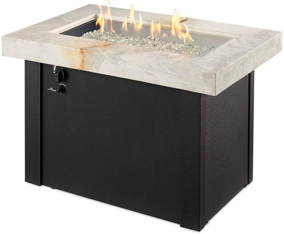 Outdoor Great Room Providence Crystal Fire Pit Table with White Onyx Marbelized Top and Black Metal Base