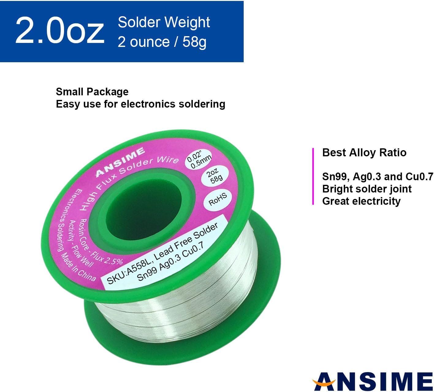 Ultra Fine Solder Wire Thin Gauge, 0.5mm Electronics Solder Wire Lead-Free, Rosin Core Alloy Electrical Soldering Wire RoHS 0.02in Diameter No Clean Fast Melting