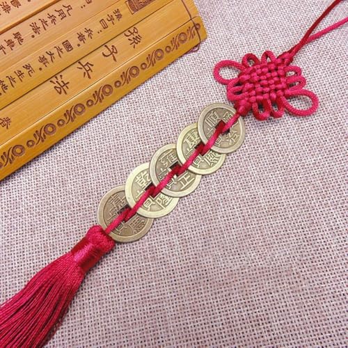 Colgante de nudo chino Feng Shui con monedas de cobre con nombres de emperador para decoración de riqueza, suerte y éxito (borgoña)