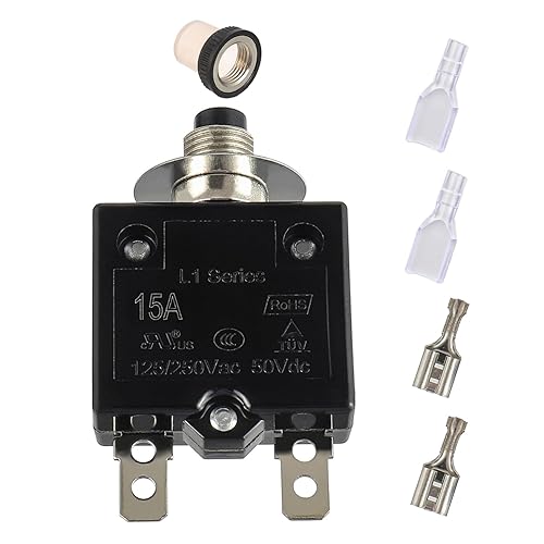 Vista 26 de Disyuntor de botón de reinicio manual de 15 A, 125/250 V, CA, 50 V, CC, protector de sobrecarga térmica con terminales de conexión rápida y tapas