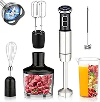 6 em 1 mixer de mão, 1000W, 8 velocidades, Exibição digital LCD, Vem com um copo de 860 ml, Triturador de 600 ml, Batedor de aço inoxidável com 4 pás, Adequado para sopas, smoothies e purés(127V)