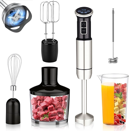 6 em 1 mixer de mão, 1000W, 8 velocidades, Exibição digital LCD, Vem com um copo de 860 ml, Triturador de 500 ml, Batedor de aço inoxidável com 4 pás, Adequado para sopas, smoothies e purés(220V)