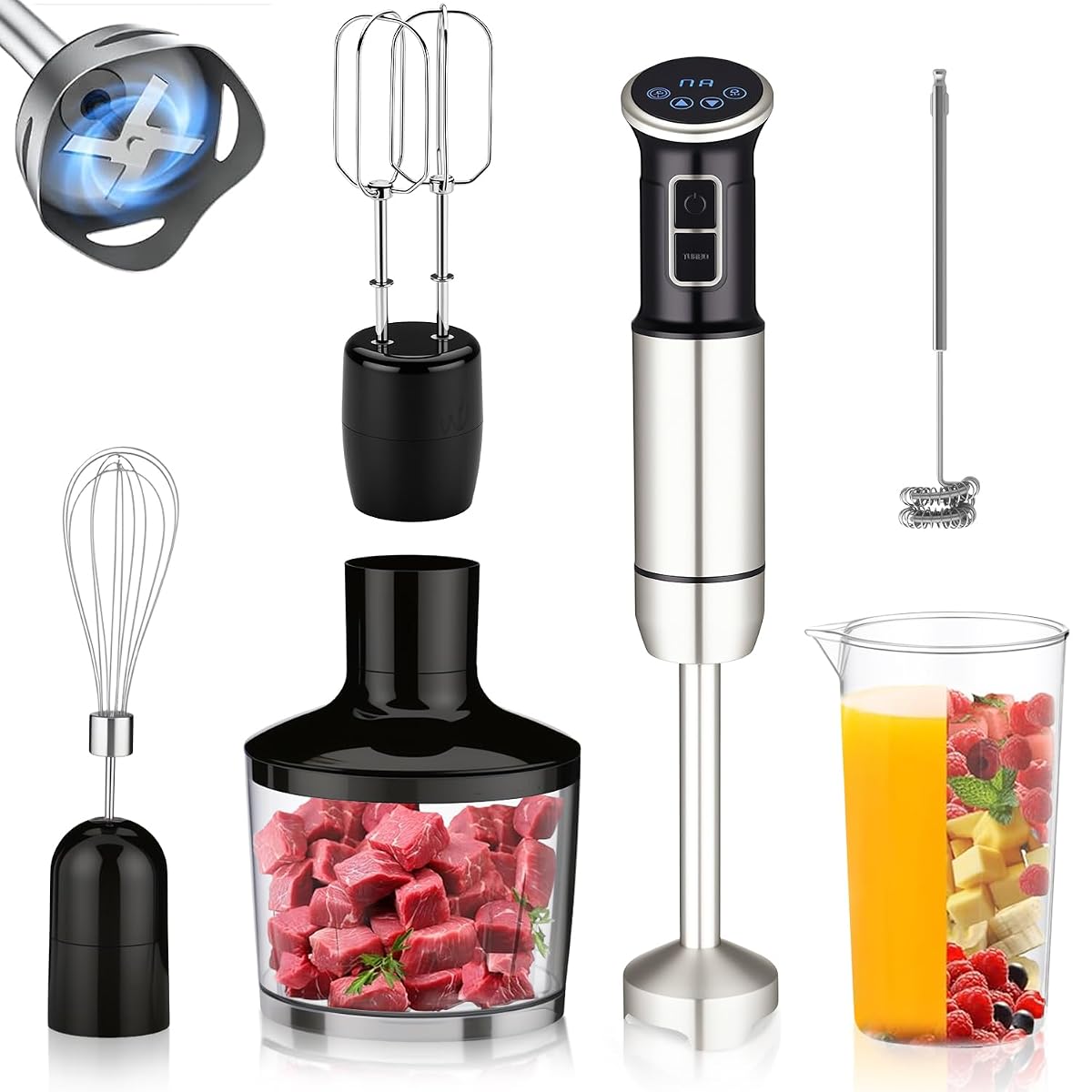 6 em 1 mixer de mão, 1000W, 8 velocidades, Exibição digital LCD, Vem com um copo de 860 ml, Triturador de 600 ml, Batedor de aço inoxidável com 4 pás, Adequado para sopas, smoothies e purés(220V)