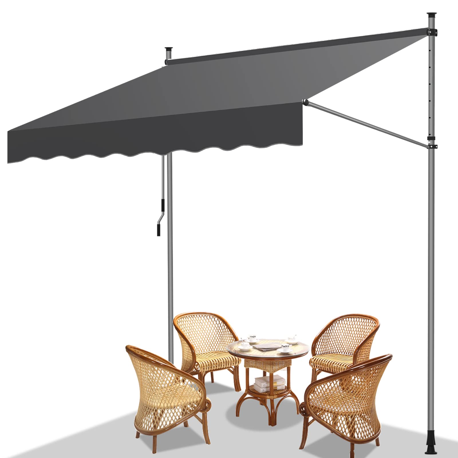 Fiqops Klemmmarkise Balkon 200x120cm Markise Einziehbar aus Polyester, Stahl Höhenverstellbar Markise mit Handkurbel, UV-beständig, Installation ohne Bohren für Balkon Garten Terrasse Grau