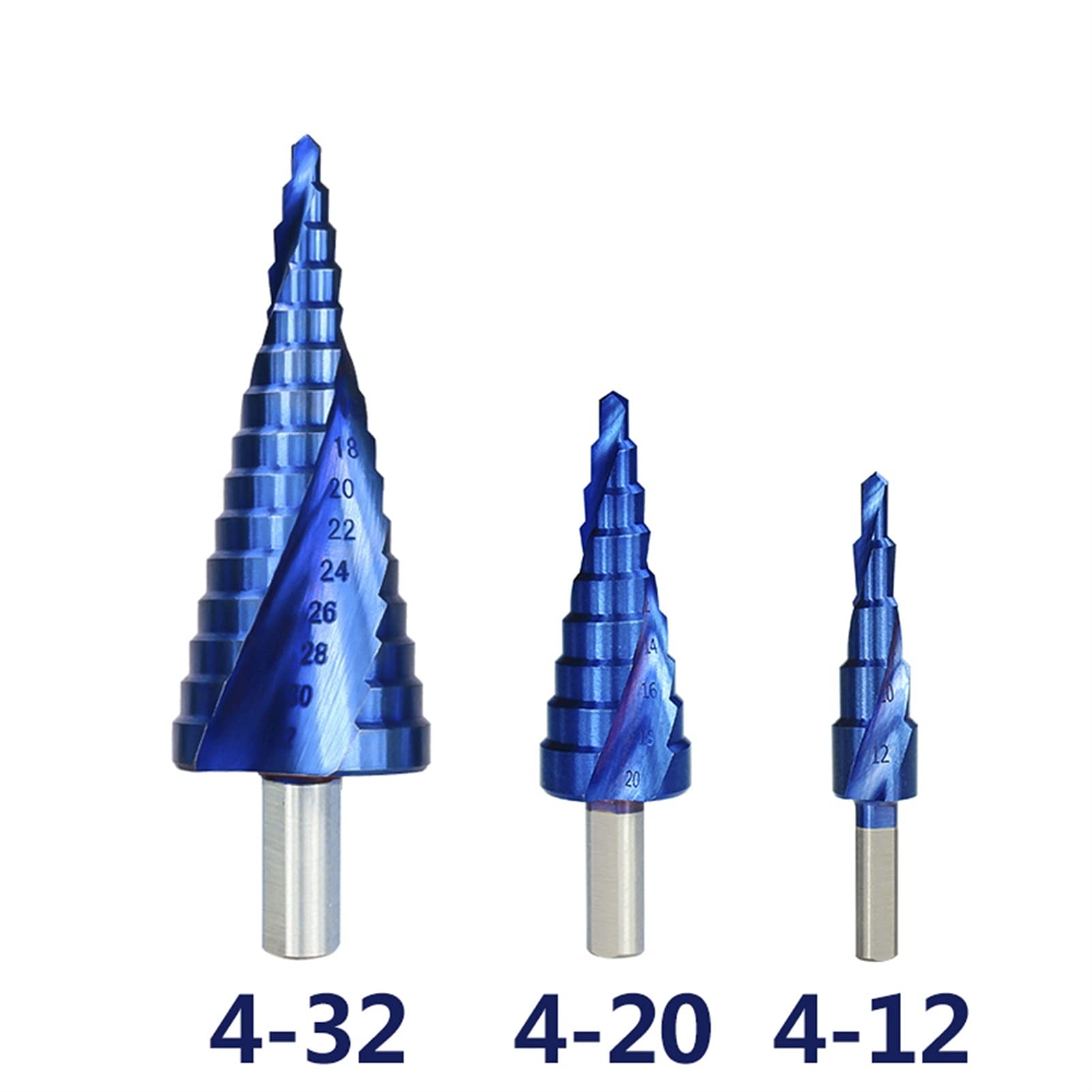 Punta per trapano a gradino Set di punte per trapano a gradino a cono 3 pezzi 4-12/4-20/4-32mm Punta per trapano in metallo per legno Utensili per foratura a cono con rivestimento blu (Color : 3pcs
