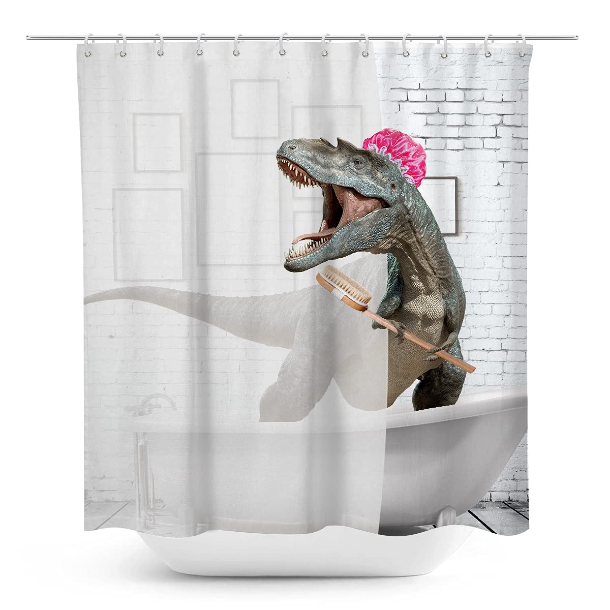 Coxila Funny Dinosaur Shower Curtain Dino Kid Cute Cartoon Children Animal Monster Fun Girl Boy White and Grey 60x72 Inch Polyester Fabric 12 Pack