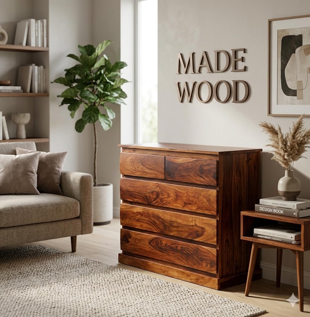 MADE WOOD Solid Sheesham Wood Chest of Drawers - Already Assembled - Multipurpose Storage Organizer Furniture | Filing Cabinet for Home, Bedroom, Living Room & Office -Dresser [Honey Finish]-image-14