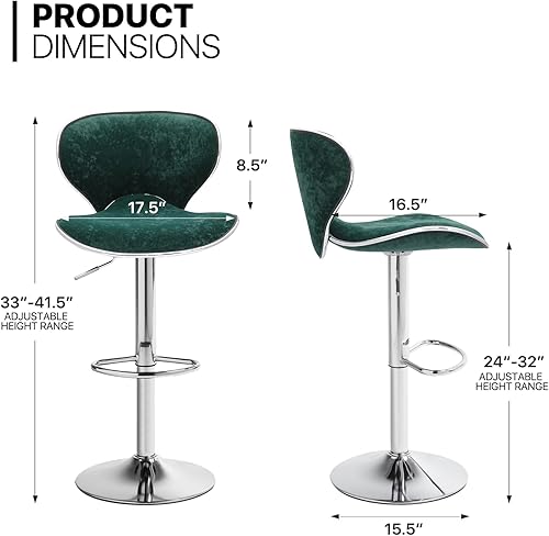 Miniatura 3 de MoNiBloom Juego de 4 taburetes de bar de terciopelo verde, elegantes taburetes de bar de altura de mostrador con función giratoria, base de metal