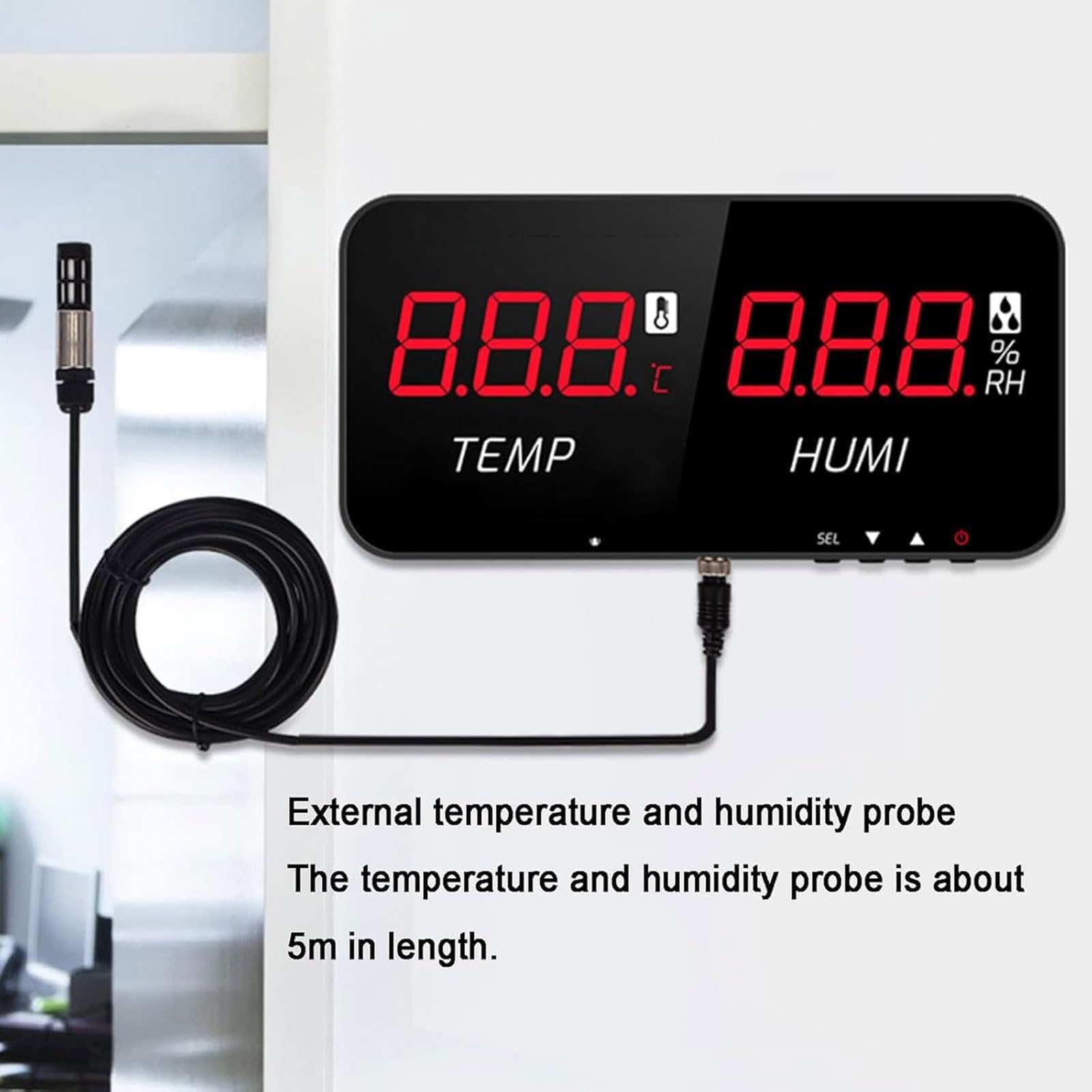 Industrielles Thermohygrometer, LCD-Digitalthermometer mit 5-m-Sensor, Bereich -20–80 °C, Alarmfunktion, für Fabrik, Labor, Zuhause, Büro