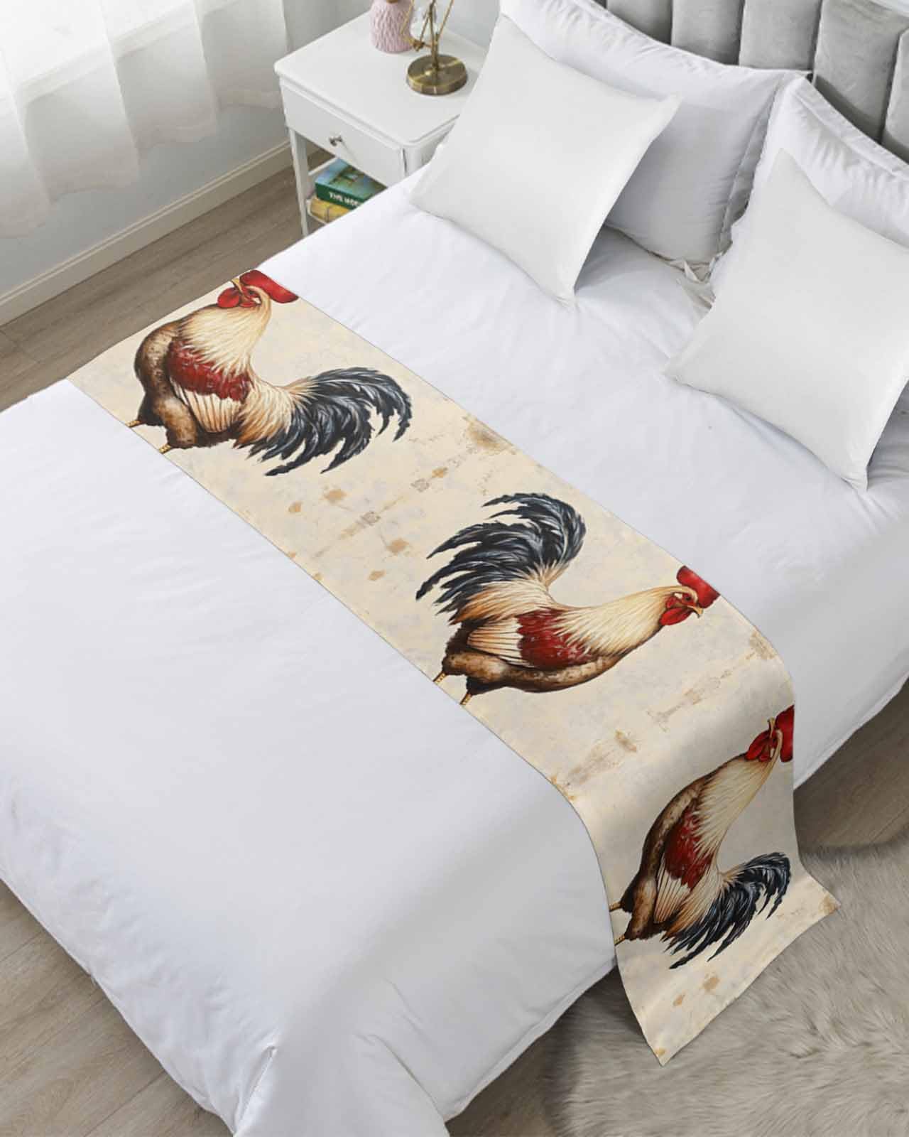Retro Rooster Bed Runner for Twin Size, Watercolor Pastoral Animals Buffalo Bedspread Protector Slipcover Bed Scarf for Foot Runners & Scarves for Bedroom Hotel Wedding Room 71x20 Inches