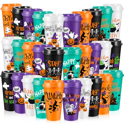 Chuangdi 30 Pack Halloween Plastic Tumbler with Lids Reusable Plastic Cups Spooky Cups Bulk for Kids Adults Halloween Party Birthday Supplies