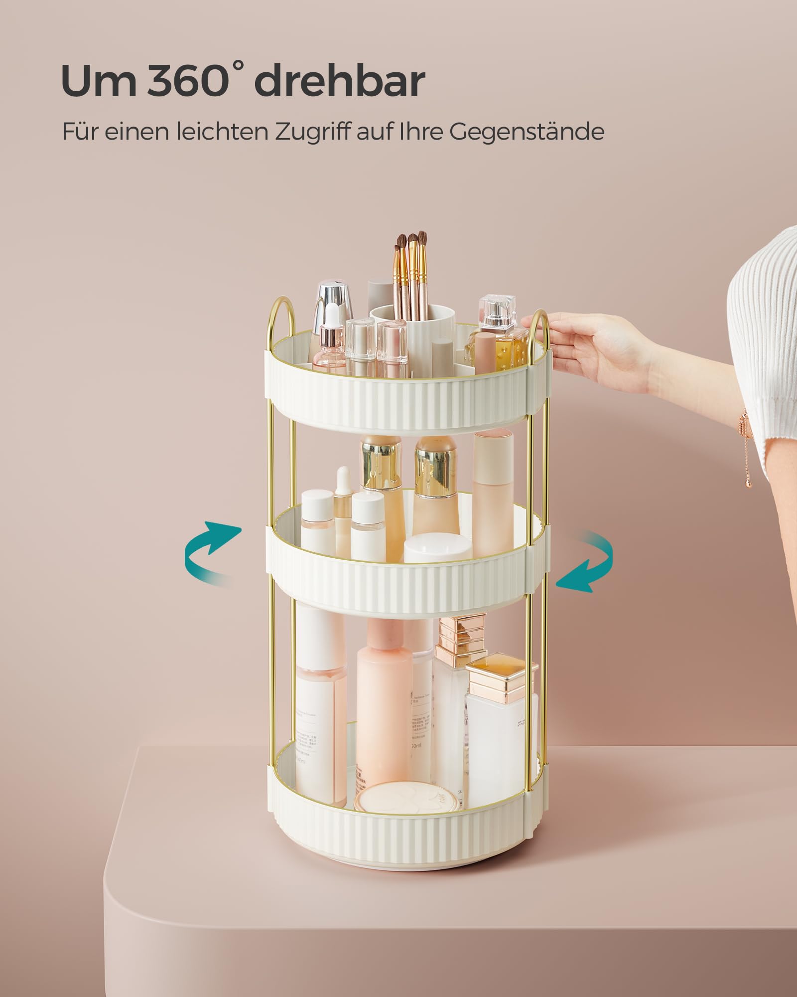 SONGMICS Make-up Organizer drehbar, Kosmetik-Organizer rund, 3 Ebenen, Kosmetik Aufbewahrung, anpassbar, für Schminktisch, Geschenkidee, wolkenweiß JKA011W01