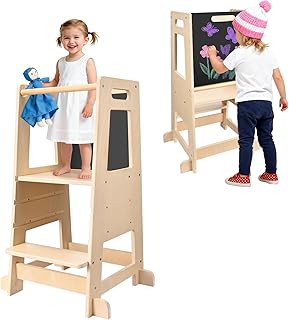 Helangel Montessori Children Observation Tower 3 Adjustable Heights Kitchen Tool with Table Learning Tower for Babies Natural Wood