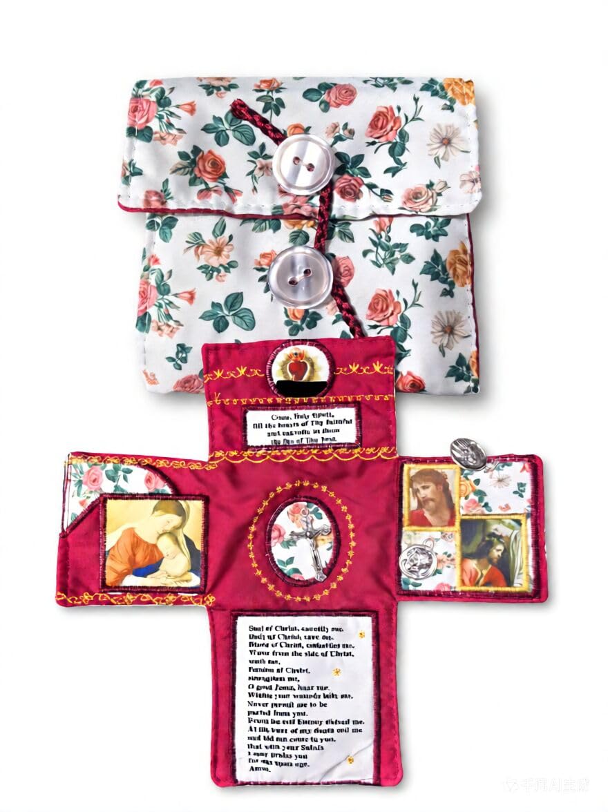 Linalife Red Handcrafted Pocket Devotional - Faith Edition Cross-Shaped Fabric Pouch Sewing Pocket Devotional With Cross Saint Images Prayers Folding Pockets Shrine Catholic, Christian Pockets Altar