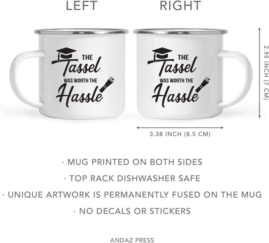 Andaz Press Funny Graduation 11oz. Stainless Steel Campfire Coffee Mug Gag Gift, The Tassel was Worth The Hassle, 1-Pack, Enamel Camp Funny Witty Present Ideas for Him Her Classmate Friend