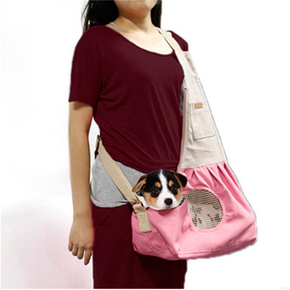 DOGOCO Nature Canvas Single Shoulder Carry Bag Carrier Pet Sling Bag with Extra Pocket for Cat Dog Puppy Kitty Rabbit Small Animals Pink