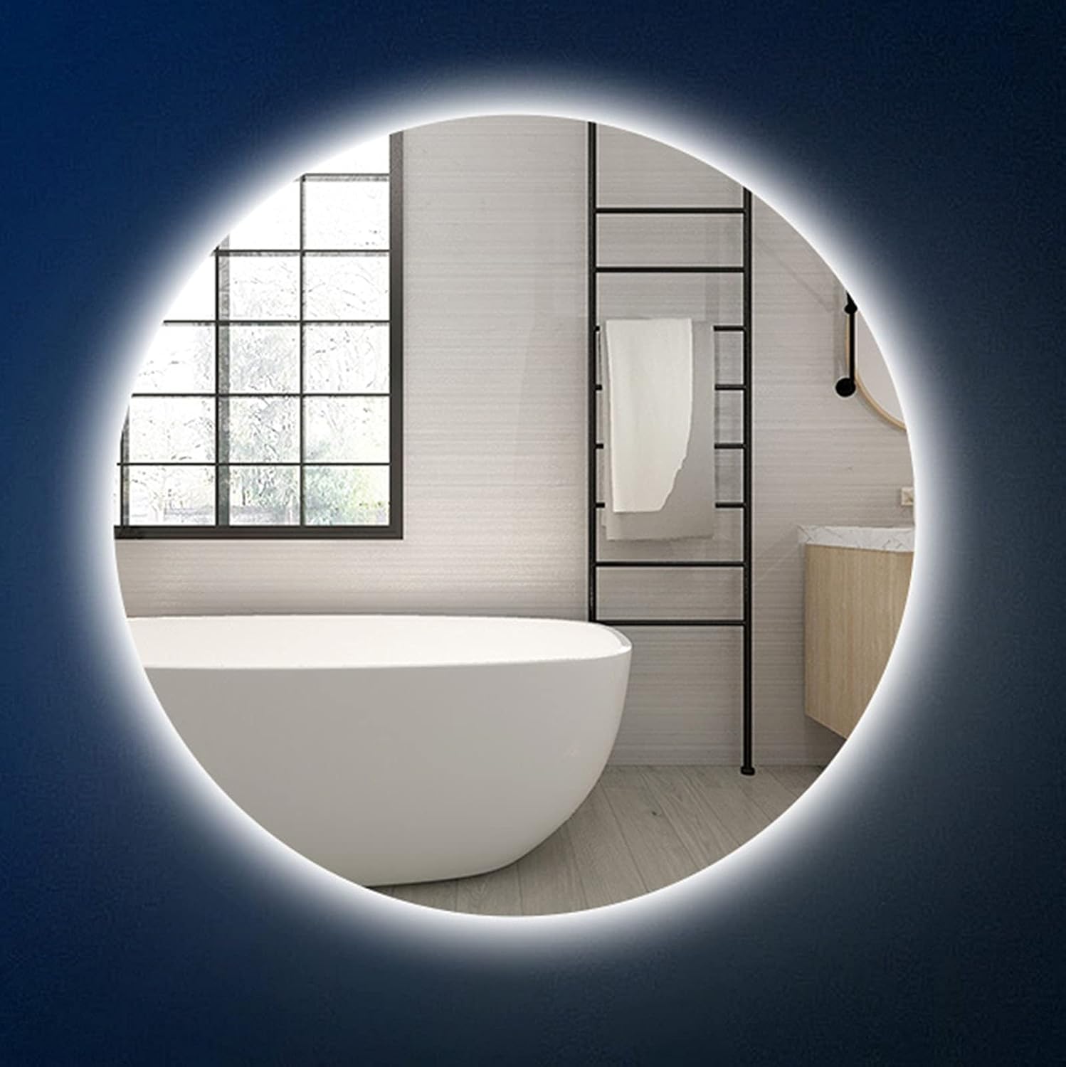 ライト付きバスルーム装飾ミラーバニティミラー、壁掛けバックライト付きLED照明付きラウンドフレームレスサイズ50/60/70/80c