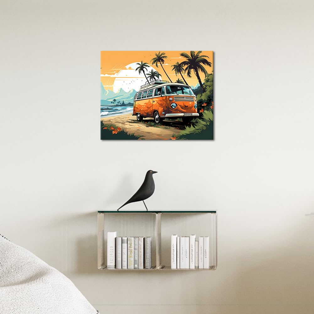 TISHIRON Peinture par numéros pour adultes - Voiture sur la plage - Adultes - Peinture par numéros - Bus de voyage - Coucher de soleil - Paysage - Peinture par numéros avec pinceaux - Peinture à
