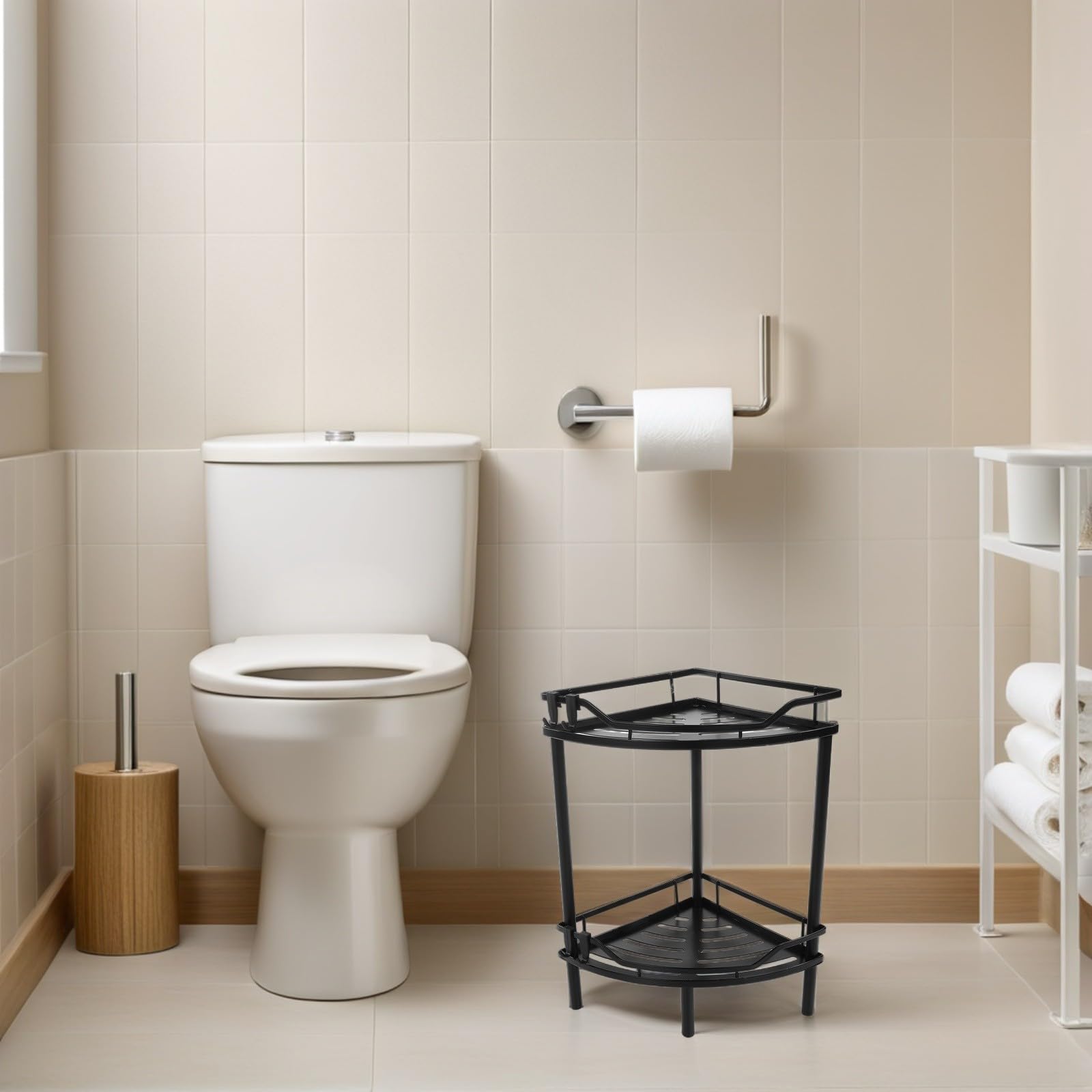 Ciieeo Estante de Baño de Esquina de Pie Negro, Acero al Carbono, 2 Niveles