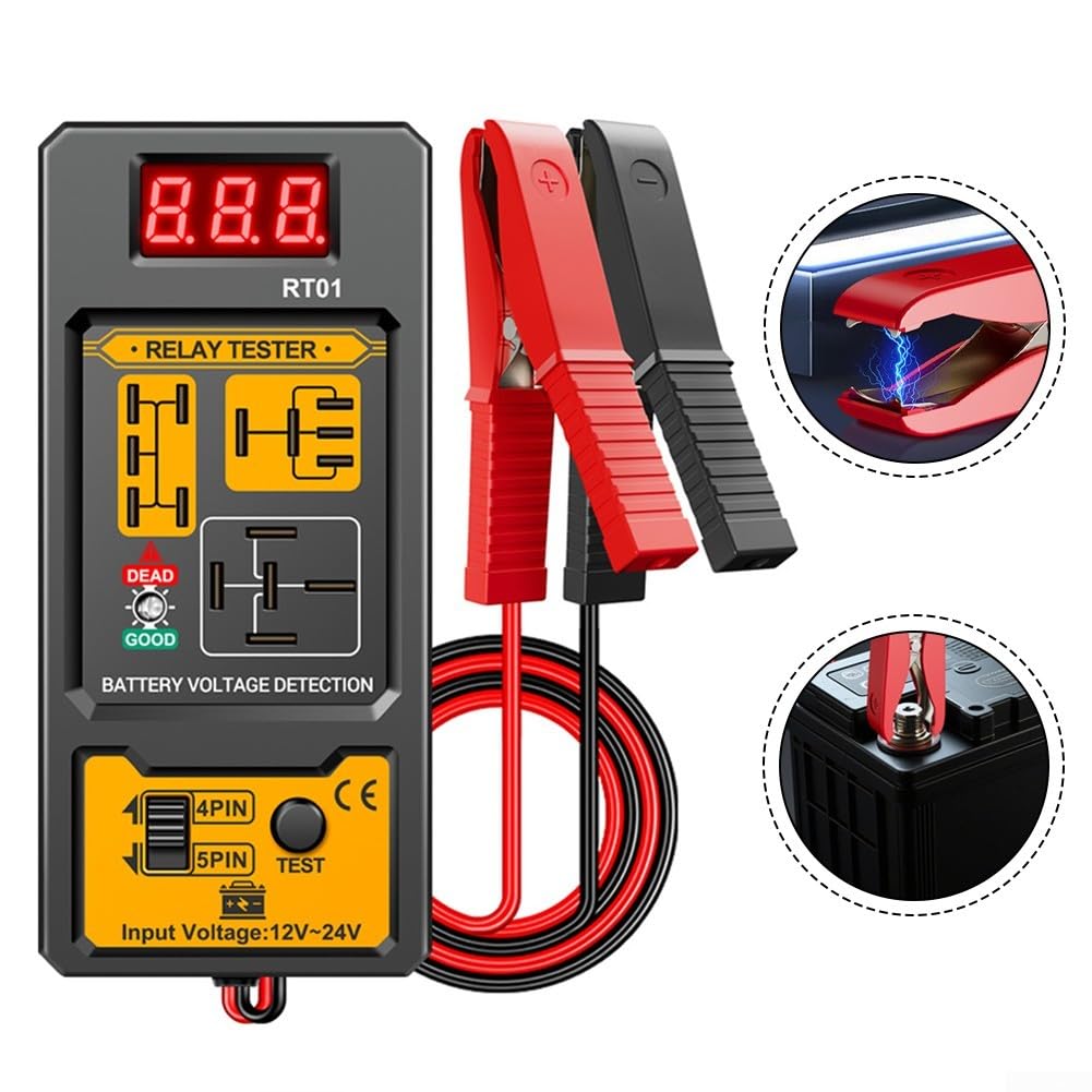 Comprobador de relé de coche de 12 V/24 V. Pantalla LCD con retroiluminación digital, prueba relés de 4/5 pines, compatible con baterías de plomo-ácido/AGM/litio adecuadas para coches, camiones