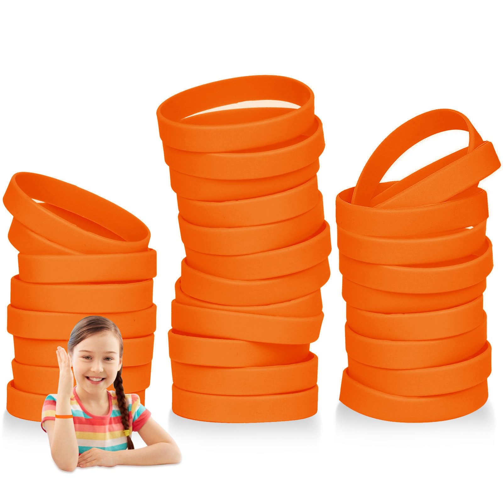 THXIY 100PCS Silicone Wristbands for Kids Teens, 7'' Sports Wholesale Rubber Bracelets for Events, Party Teacher Supplies Boys Gilrs Education Activities Orange — image 1