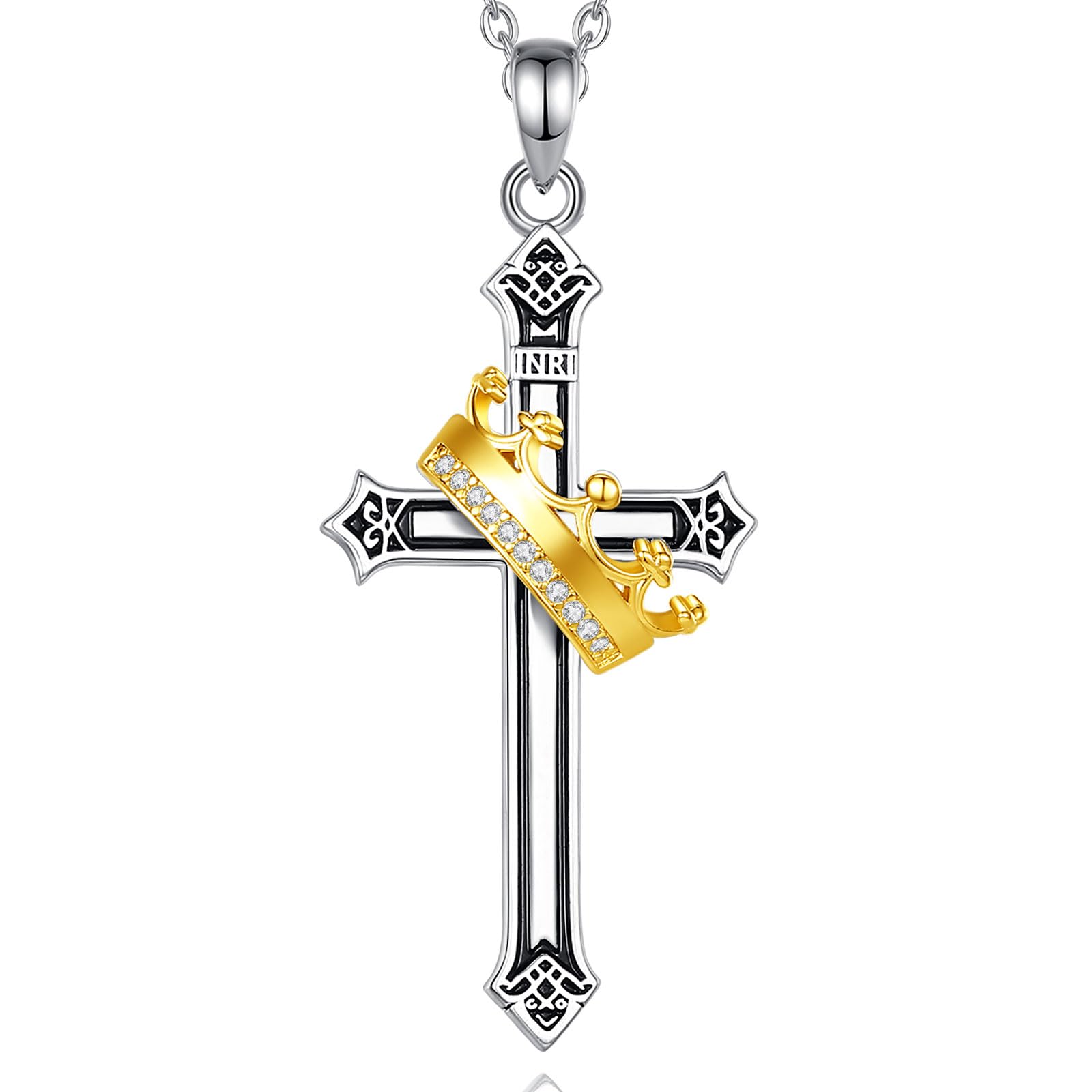 CELESTIA Naszyjnik damski srebrny krzyż srebro próby 925 krzyż dziewczyna z pozłacaną koroną - regulowany łańcuszek ze stali nierdzewnej 51 cm, biżuteria prezent dla kobiet oryginalny