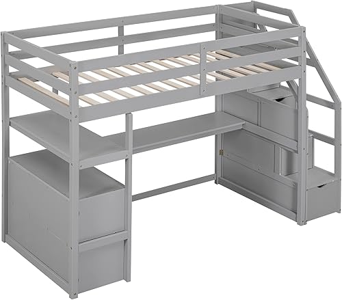 Miniatura 23 de Quarte Cama alta multifuncional, cama alta tamaño matrimonial con escritorio integrado y estantes de almacenamiento, dos cajones y escalera de