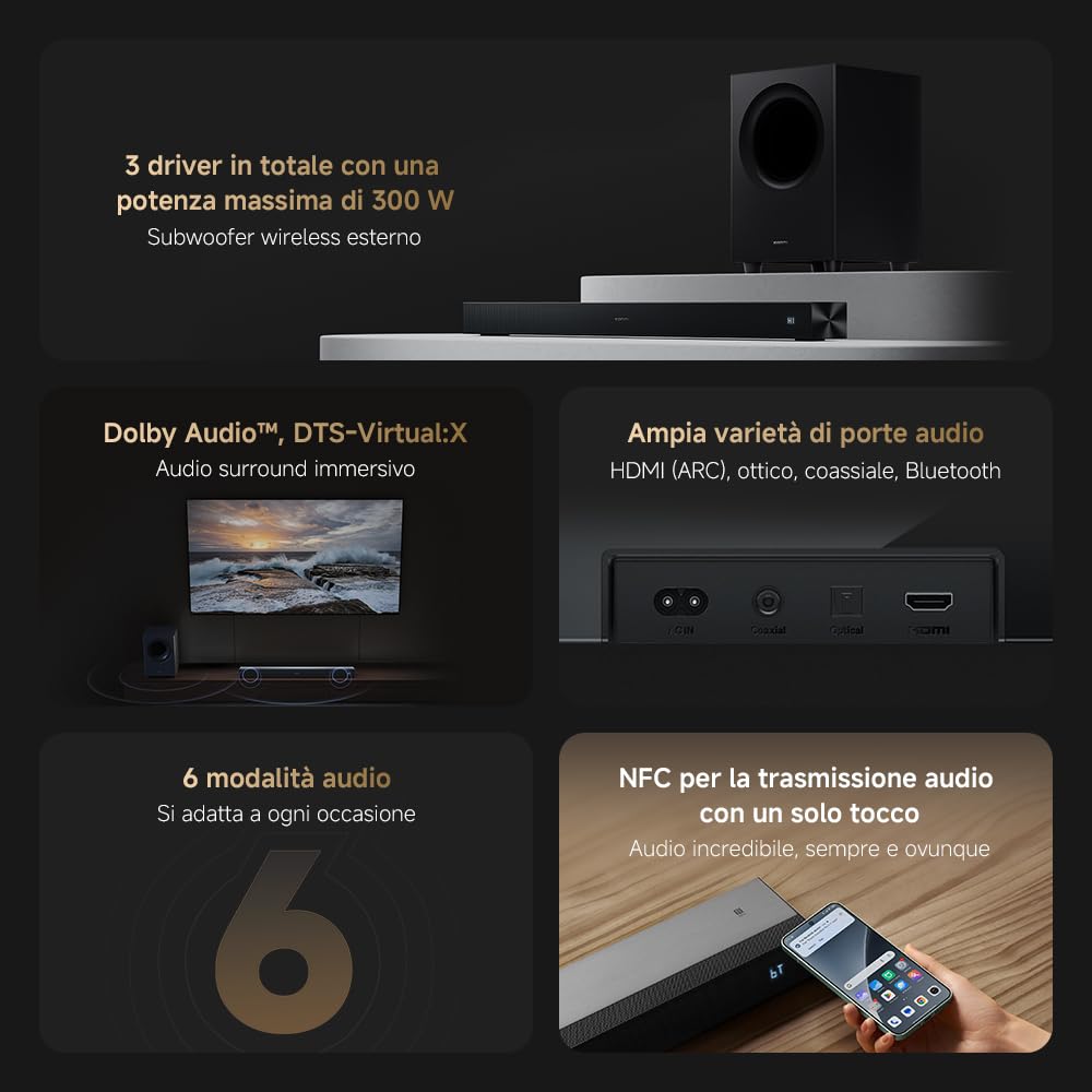 XIAOMI Soundbar Pro 2.1ch, Soundbar TV Max 300W con bassi potenti e subwoofer wireless esterno, supporta Dolby Audio™ e DTS Virtual:X, HDMI ARC/ottico/coassiale/Bluetooth, telecomando