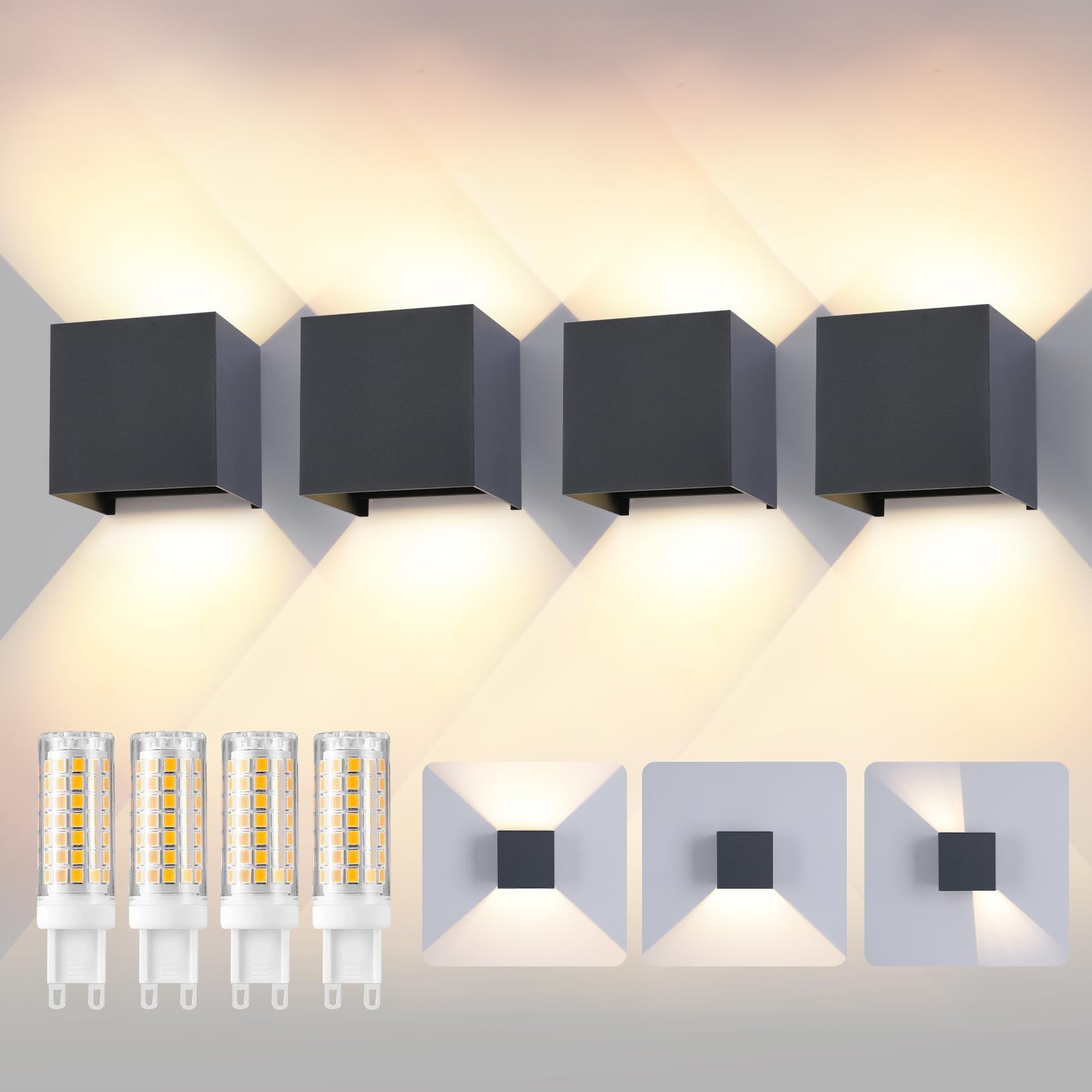 LED Wandleuchte Aussen/Innen, 4 Stücke Wandlampe Aussen mit Austauschbarer G9 Wasserdicht IP65 Außenleuchte,3000K Aluminium Außenlampe Einstellbar Abstrahlwinkel,Up Down Wandbeleuchtung Anthrazit