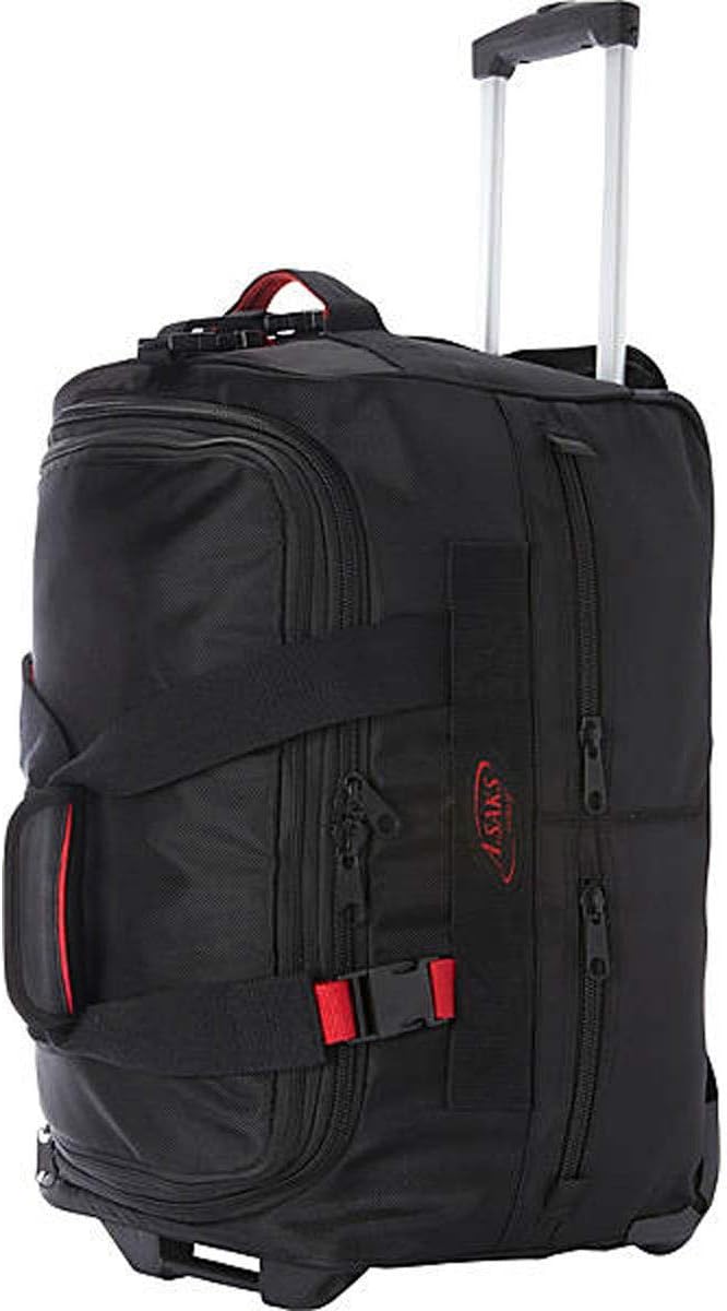 A.SAKS Rolling Trolley Duffel Bag 20-Inch Carry-On, Expandable with 2-Wheels and Telescoping Handle for Easy Traveling, Lightweight and Durable, Black with Red Details